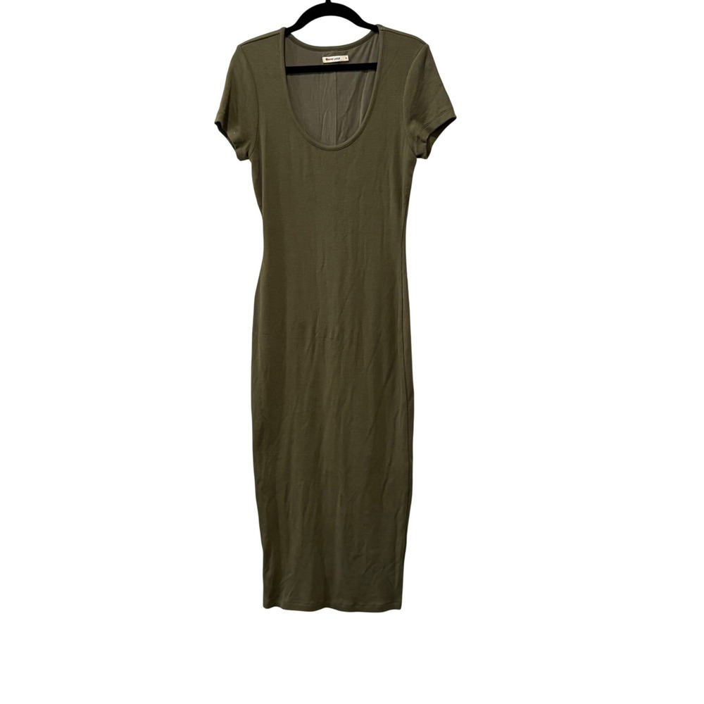 Marine Layer Lexi Ribbed Dress Women Small Olive Green Scoop Short Sleeve Midi